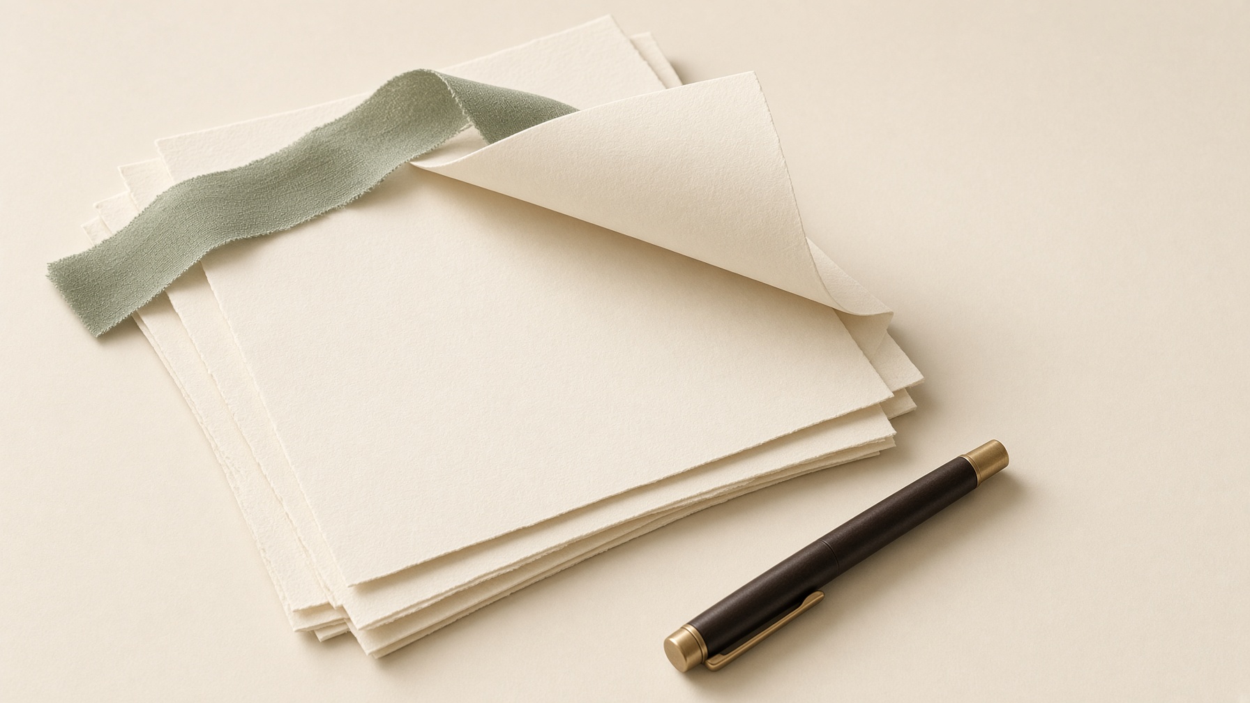 A stack of cream letter paper with a fountain pen and a sage linen ribbon.